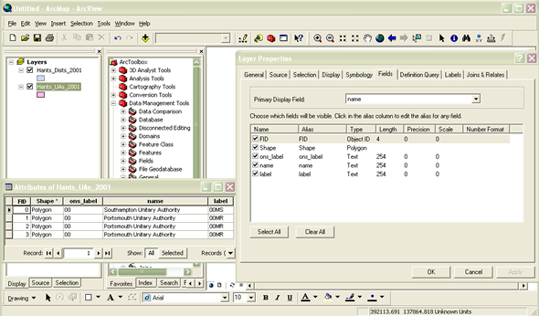 Attributes and field names, types and definitions for Hampshire unitary authorities 2001